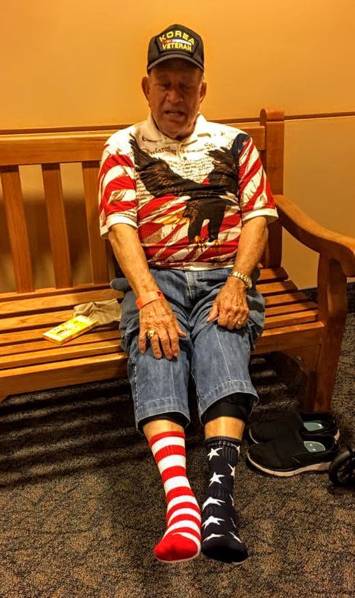 SammonsFam's tweet photo. #proudamerican John, 85 year old Korean war veteran. Wears this attire all year round, very proud American!! https://t.co/0onPEm1tL1