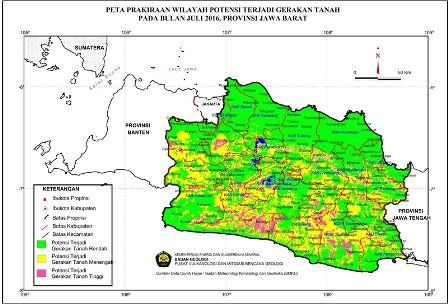 Peta Prakiraan Wilayah Potensi Terjadi Gerakan Tanah, Juli 2016 Prov. Jabar [Sumber: PVMBG - BG] <a href="/PRBJabar/">FPRB Jabar</a> <a href="/iaginet/">IAGI</a>