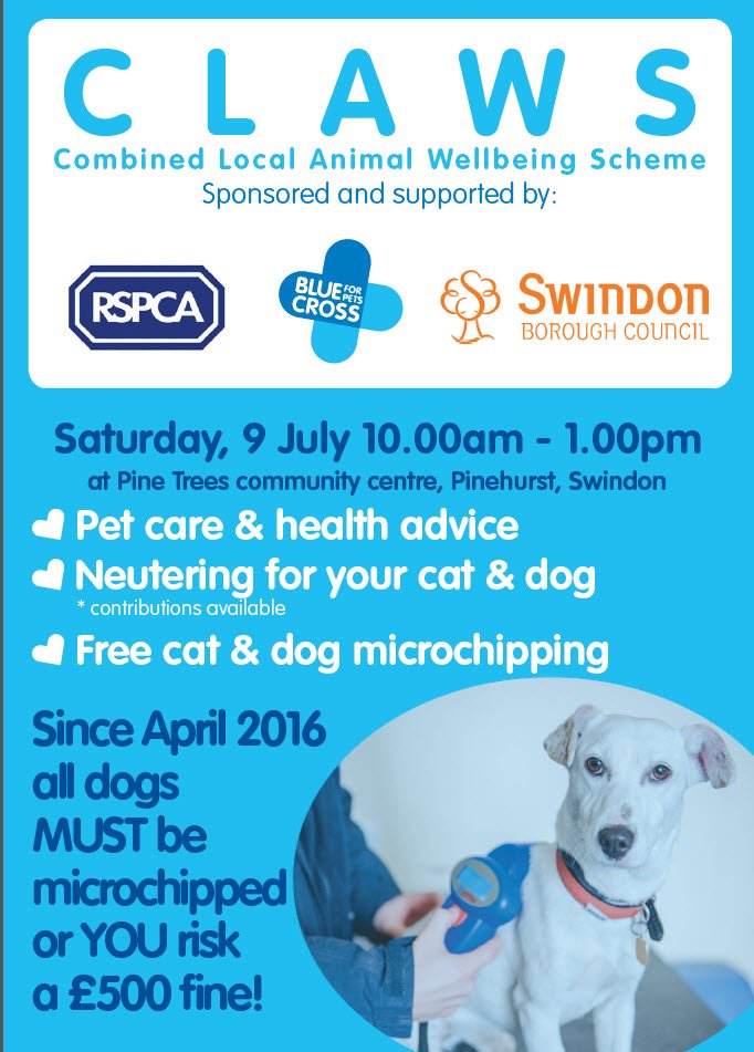 bluecross_BAC's tweet photo. Free #microchipping &amp; help with #cat &amp; #dog neutering in #Swindon next weekend with @RSPCA_official https://t.co/aufc9HwMFi