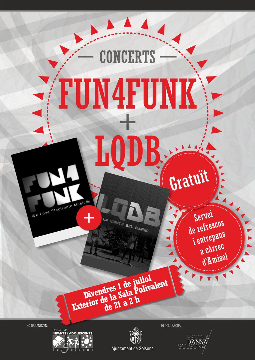 Solsona_cat's tweet photo. Avui de 21 a 2 h, concert amb @Fun4Funk_live i La Quinta del Barrio a l'ext. de la Sala Pol. de #Solsona. Gratuït! https://t.co/oxbwXkd0BB