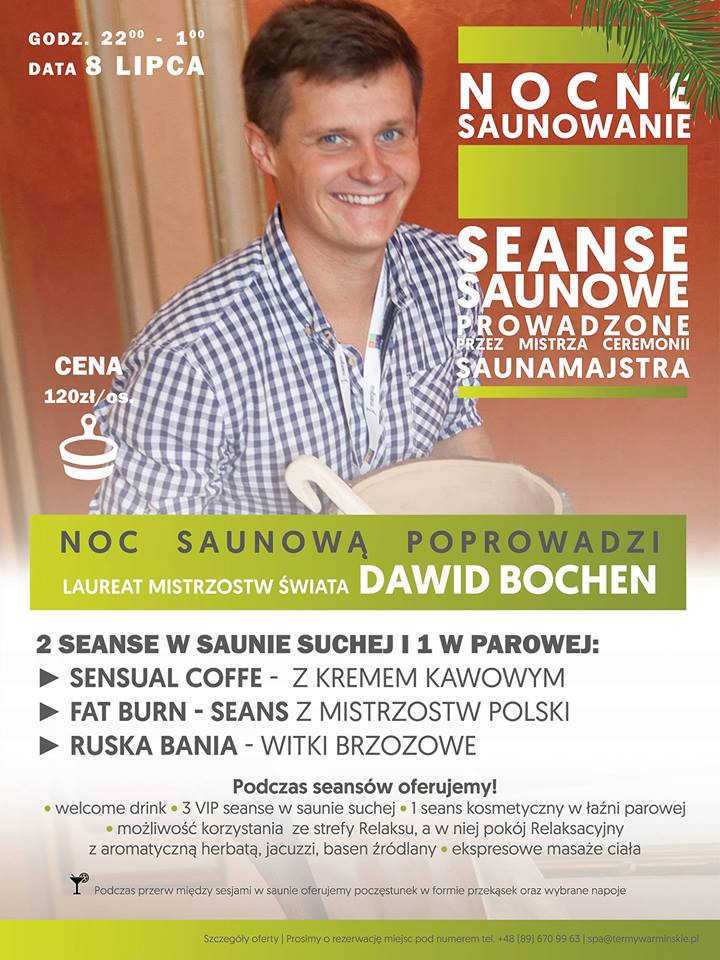 Saunomaniak's tweet photo. 8 lipca w #Termach Warmińskich nocny seans #saunowy, poprowadzi go Laureat Mistrzostw Świata
https://t.co/kzPqFMWm90 https://t.co/MTjT6J0Hnm