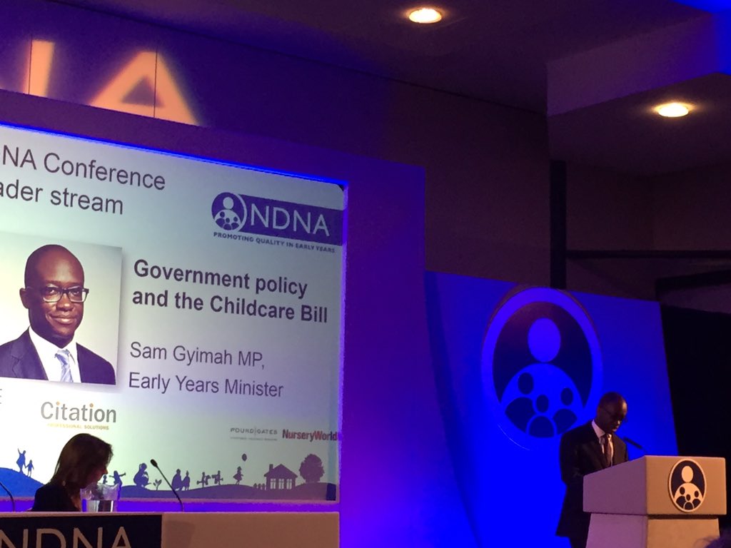 <a href="/SamGyimah/">Sam Gyimah</a> talking at the <a href="/NDNAtalk/">NDNA</a> conference on Government Policy and the Childcare Bill #support