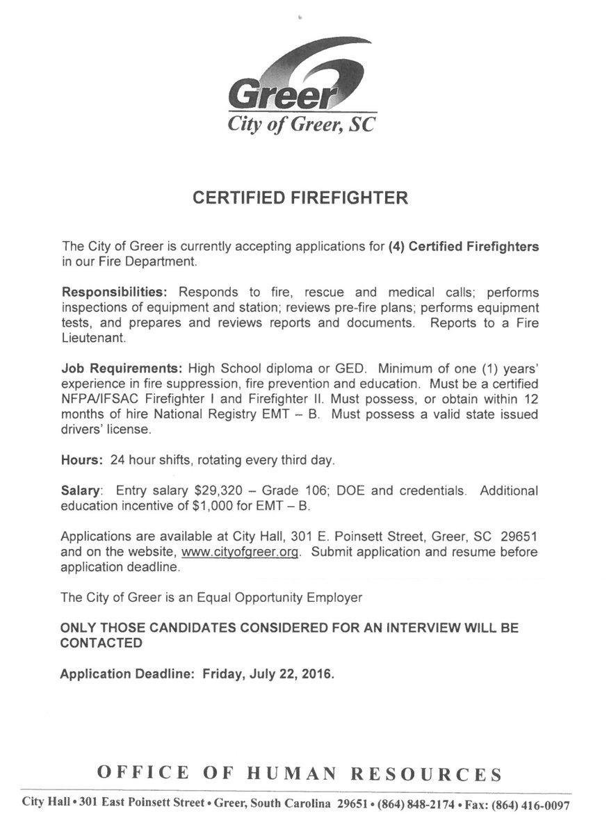 City of Greer Fire Department is hiring (4) Certified Firefighters. Deadline to apply is July 22, 2016.<a href="/CityofGreer/">City of Greer, SC</a>