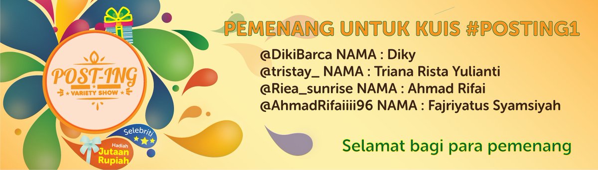 jpmtelevisi's tweet photo. Inilah nama pemenang #posting1. Selamat untuk para pemenang. Bagi yang belum beruntung, ikuti terus kuis POST-ING. https://t.co/oqO1qnSo30