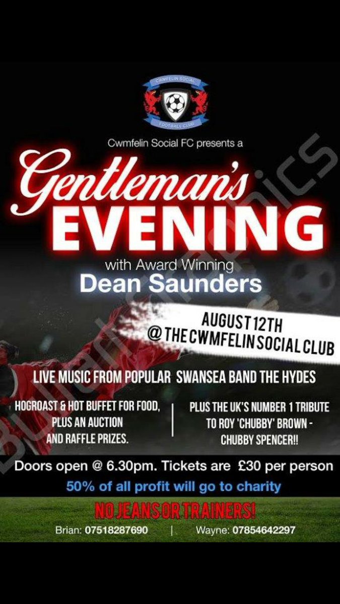A great charity evening being held at the #CwmfelinClub £30 per person or £250 for a table of 10.