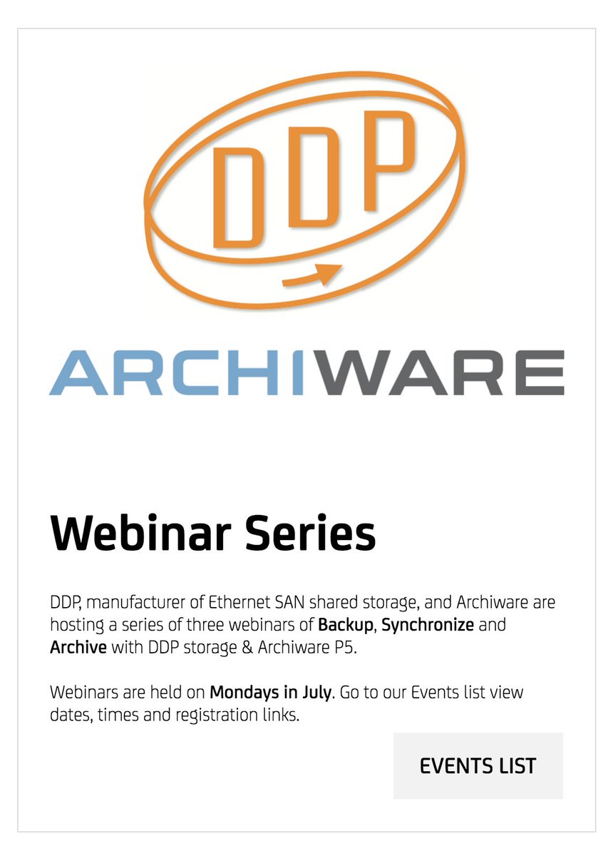 DDP_SuperServer's tweet photo. DDP + Archiware P5 Webinars.. book early
https://t.co/rUuoKwhesc
@CineSysOceana @archiware @jpyltd https://t.co/81iw1ZcuOD