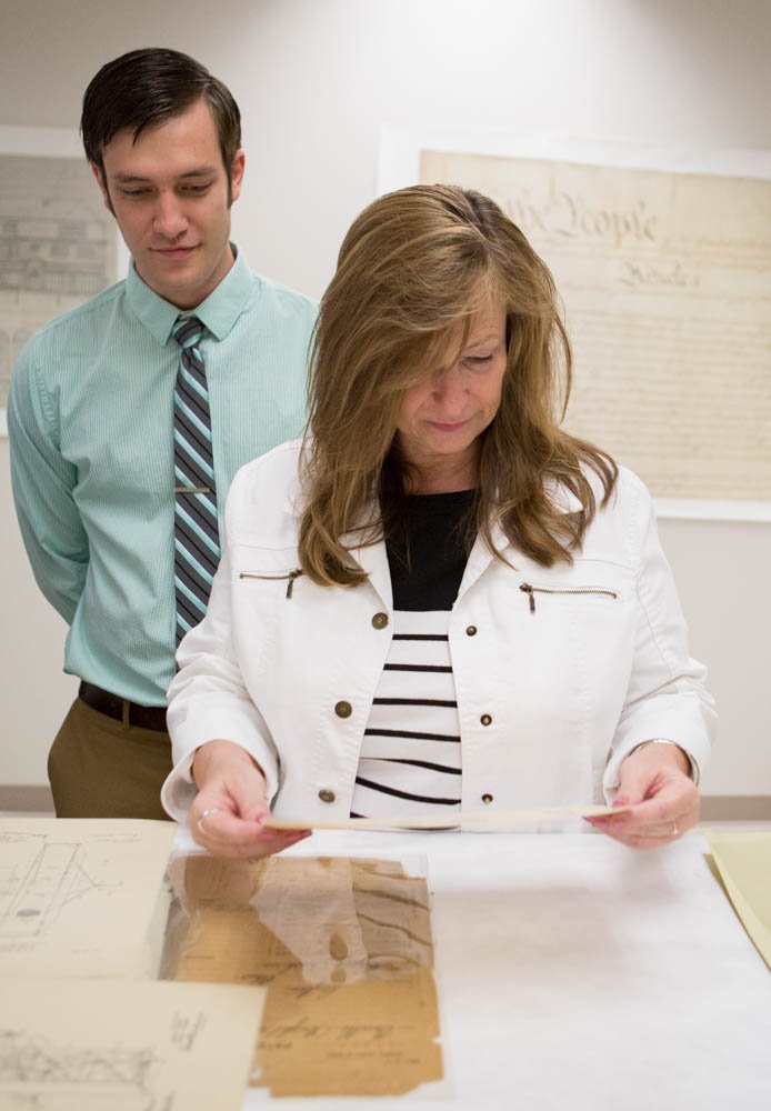 Family of the Wright brothers visiting Archives to see original drawings &amp; patents from the invention of the plane.