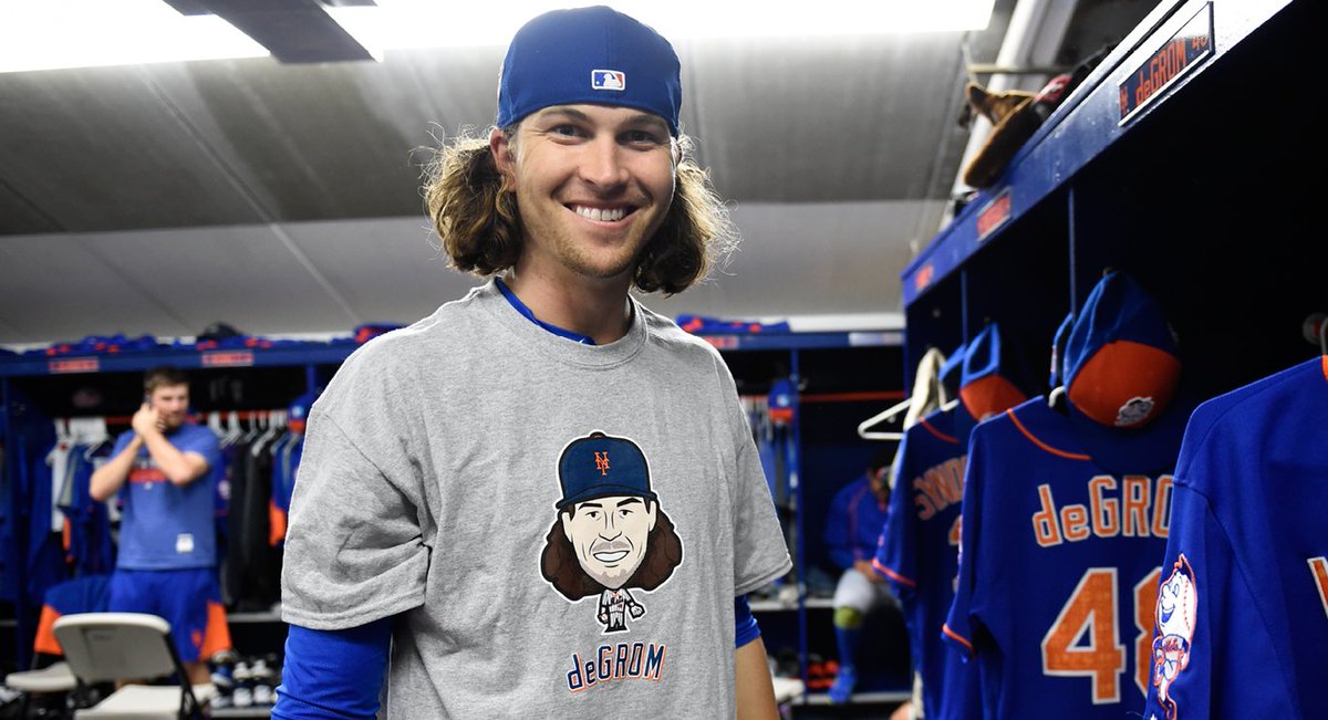 Mets's tweet photo. TFW you find out you're pitching on the day of your own Free Shirt Friday. https://t.co/NjPTIx7e2Q #deGrominator https://t.co/mektJyP794