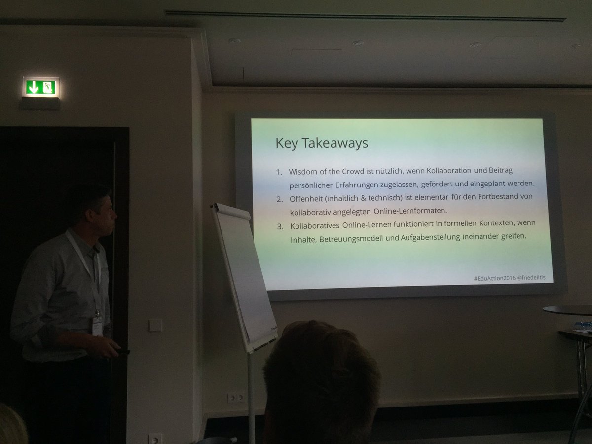 m_haydi's tweet photo. @friedelitis teilt 3 keytakeaways zur Kollaboration: Crowd wisdom, Offenheit, Kontextbezug  #EduAction2016 https://t.co/OkbCxaRta2
