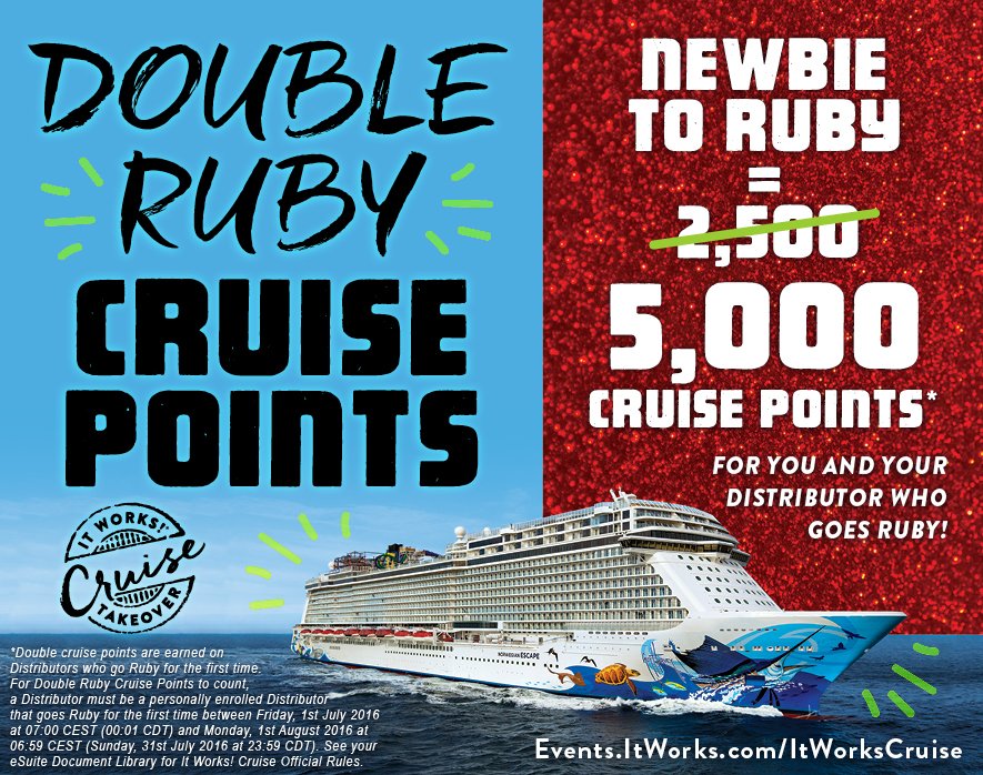 ItWorksINTL's tweet image. Get DOUBLE Ruby Cruise Points for you and your Distributor who goes Ruby! Are YOU ready to #GoRuby??