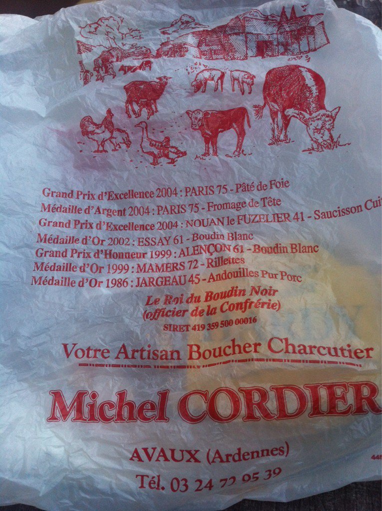 BLasseguette's tweet photo. Adieu #sac #plastique désormais interdit clin d'œil à un bon #charcutier #Avaux #Ardennes https://t.co/js7QS2yycA