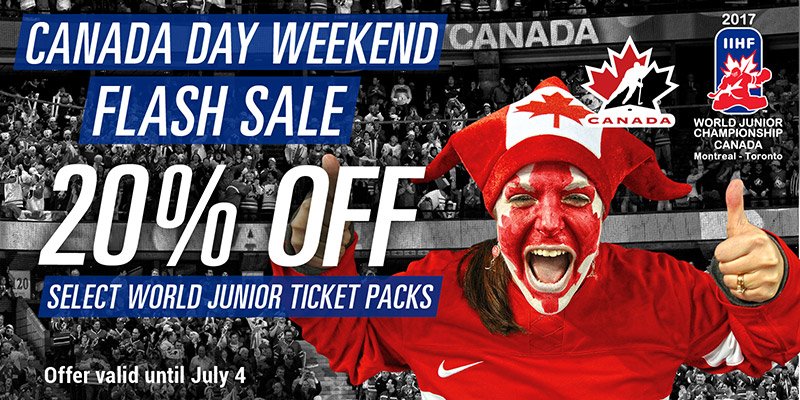HockeyCanada's tweet photo. Happy #CanadaDay, #WorldJuniors fans! Select @HC_WJC ticket packs 20% off (until Monday). https://t.co/k1A3OajNoW https://t.co/Yy32TT2yH4