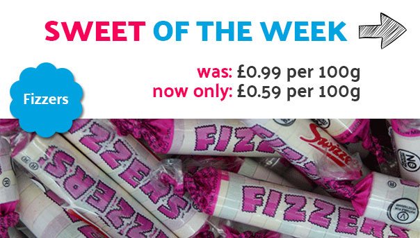 Schweet's tweet photo. Our Sweet of the Week is Swizzels Fizzers. Now just £0.59 per 100g for 1 week only. https://t.co/VLAYqE5Hu2 https://t.co/audGClMZug