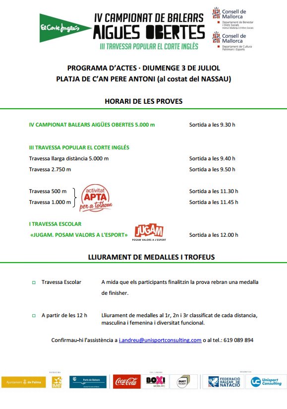 fbnatacion's tweet photo. Programa y horarios, Domingo 3 de Julio 2016, IV Camp. Baleares Aguas Abiertas y III Travessa popular @elcorteingles https://t.co/powPgUCdRY