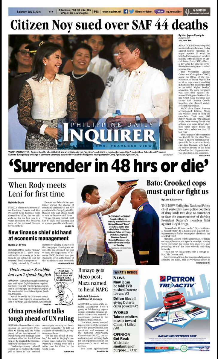 inquirerdotnet's tweet photo. LOOK: Today's Inquirer. Read the full issue on https://t.co/6SSFueptk6 #PresidentRody #VPLeni #SAF44 #Bato https://t.co/AznEibJOYI