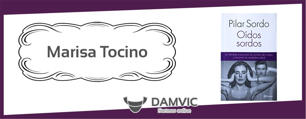 DAMVIC_Sorteos's tweet image. ¡Felicitaciones Marisa Tocino!
Con el número 522, sos la ganadora del Libro &quot;Oídos Sordos&quot;
#DAMVICTeHaceFeliz :)