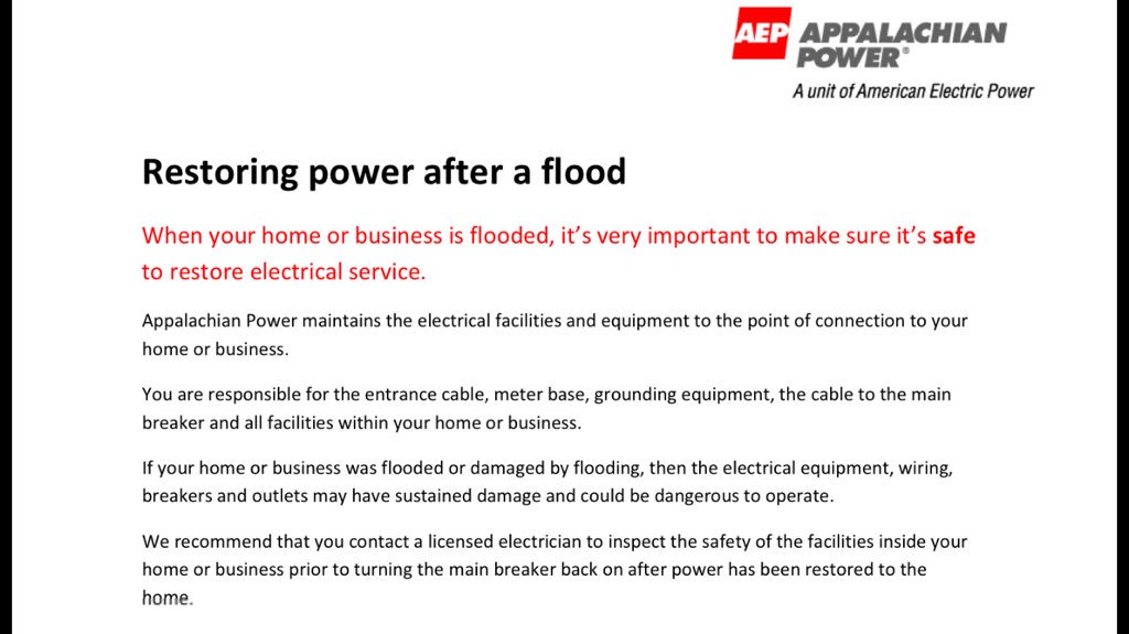SenatorBillCole's tweet photo. Before you turn on your power, be sure to review this fact sheet on how to safely do so. #wvflood https://t.co/LqrLjmGVG1