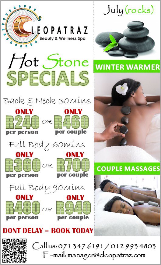 Cleopatraz_Spa's tweet photo. Check out our July specials to keep you warm this winter #spa #massage #hotstones #sa #WinterIsHere https://t.co/iwCtwfE3PY