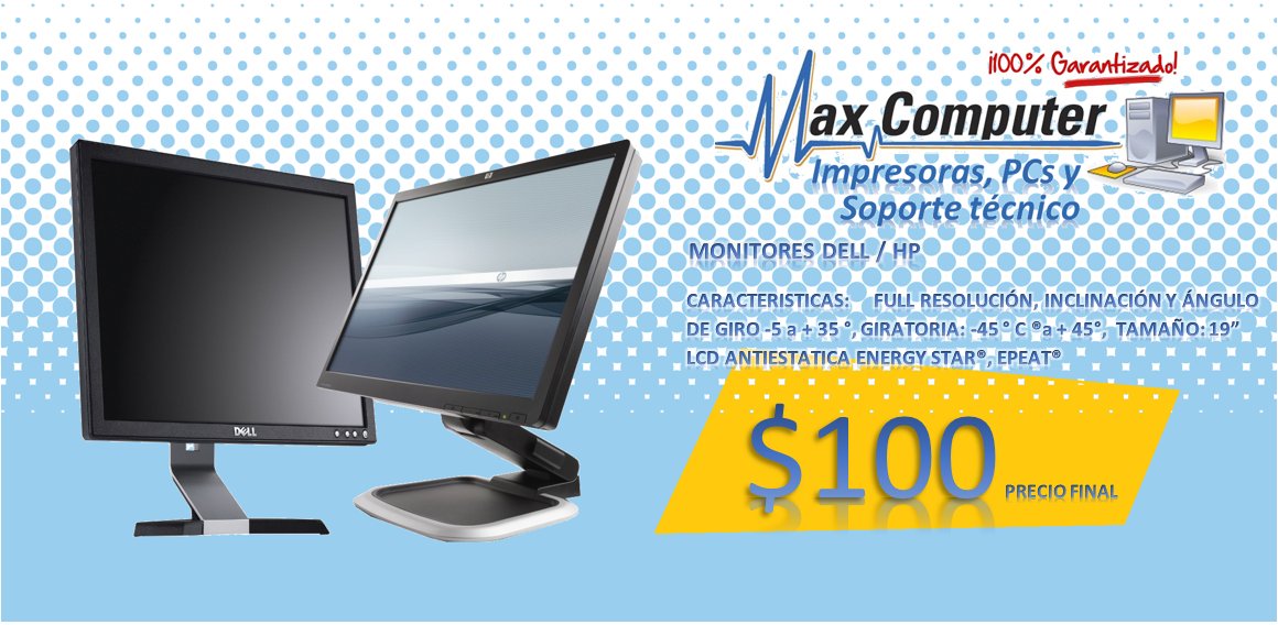 maxcomputerEC's tweet photo. PROMOCION: 
MONITORES DE 19" EN MARCA HP Y DELL FULL RESOLUCIÓN
$100 PRECIO FINAL
LO ENCUENTRAS EN #MAXCOMPUTER https://t.co/YkzvnTnDNi