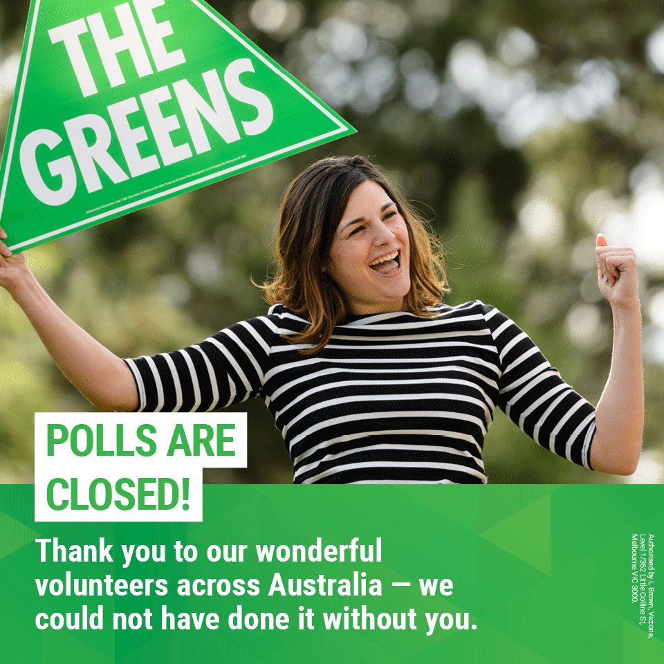 Greens's tweet photo. That’s it for the day! Polls closed in WA. Thank you to all our volunteers today! Stand by for results! #Greens16 https://t.co/H5jJAZy9jM