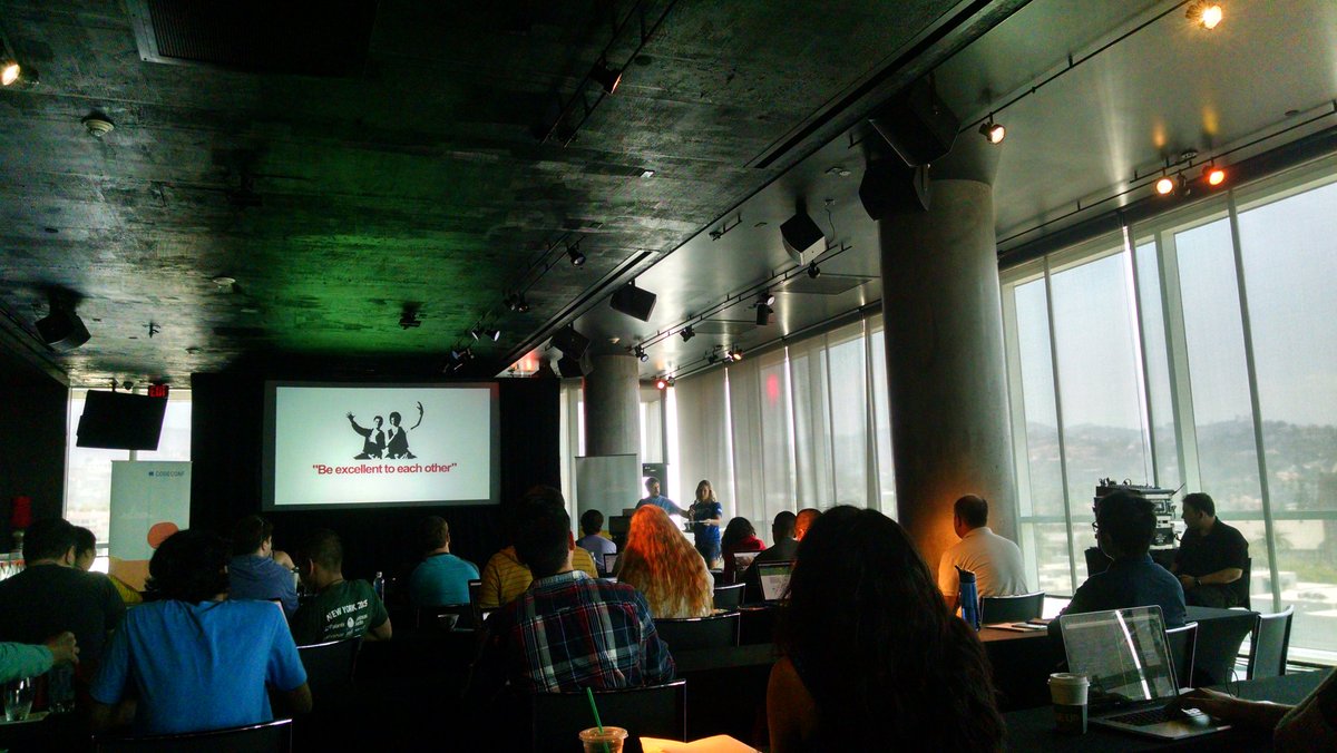 KimKoga's tweet photo. "Be excellent to each other" #codeconf #github #LosAngeles #workshops #codetry https://t.co/CMuisYmnZf