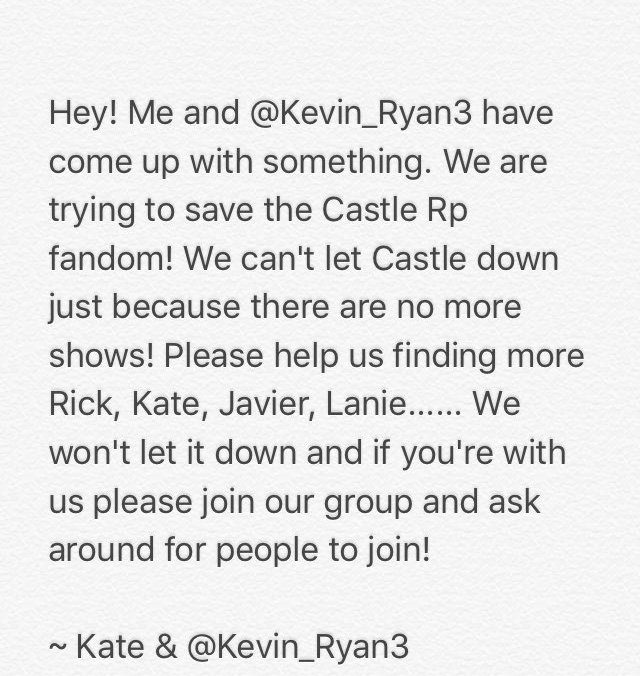The #SaveTheCastleRPFandom Campaign that me and <a href="/FBIAgentKateB/">Katherine H Beckett</a> have started and are looking for people to join us.