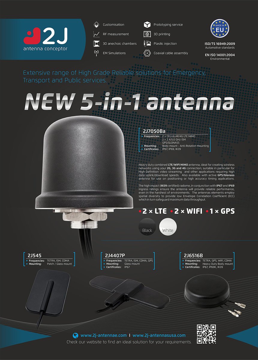 New 2J7050Ba 5-in-1 Antenna supporting 2 x 4G/LTE, 2 x WIFI and GNSS.
More info: 2j-antennasusa.com/antenna/2j7050… #IoT #M2M