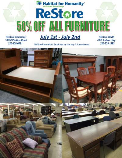ReStoreGBR's tweet photo. Its not too late to find great deals at our ReStore. All furniture is 50% off today and Saturday. #GoBR #Habitat https://t.co/QHUlYYJGFI