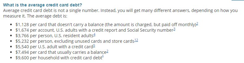 If someone says the average credit card debt is up around $15,000, don't believe them. http:creditcards.com/credit-card-ne…