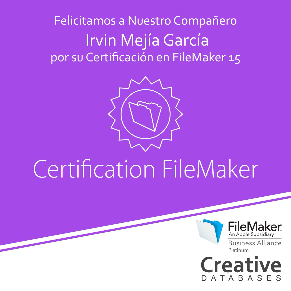 CDatabases's tweet photo. El equipo de #CreativeDatabases reconoce y celebra a nuestro compañero Irvin por su Certificación en #FileMaker 15 https://t.co/J7Yd3eKGVu