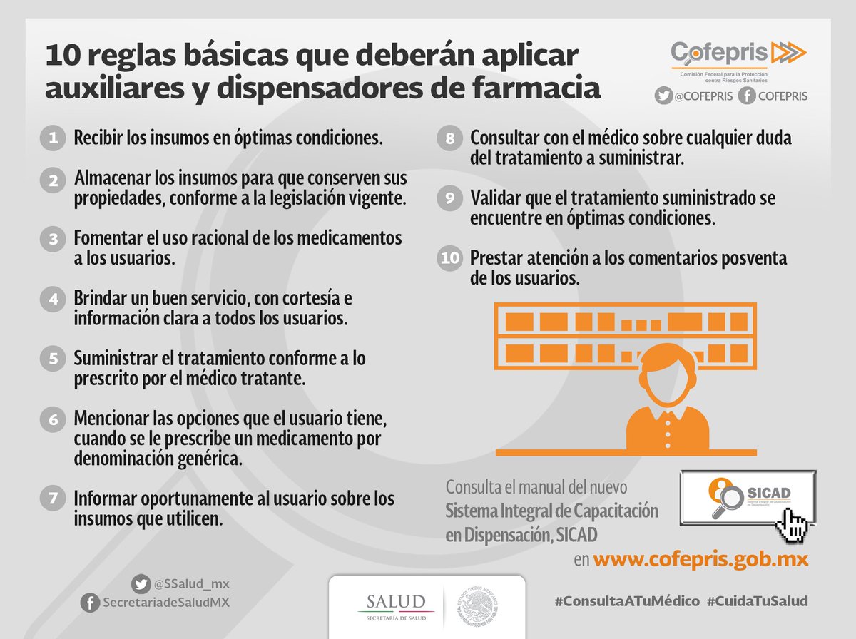 COFEPRIS's tweet image. 10 reglas básicas que deben aplicar auxiliares y dispensadores de #farmacia. #SICAD