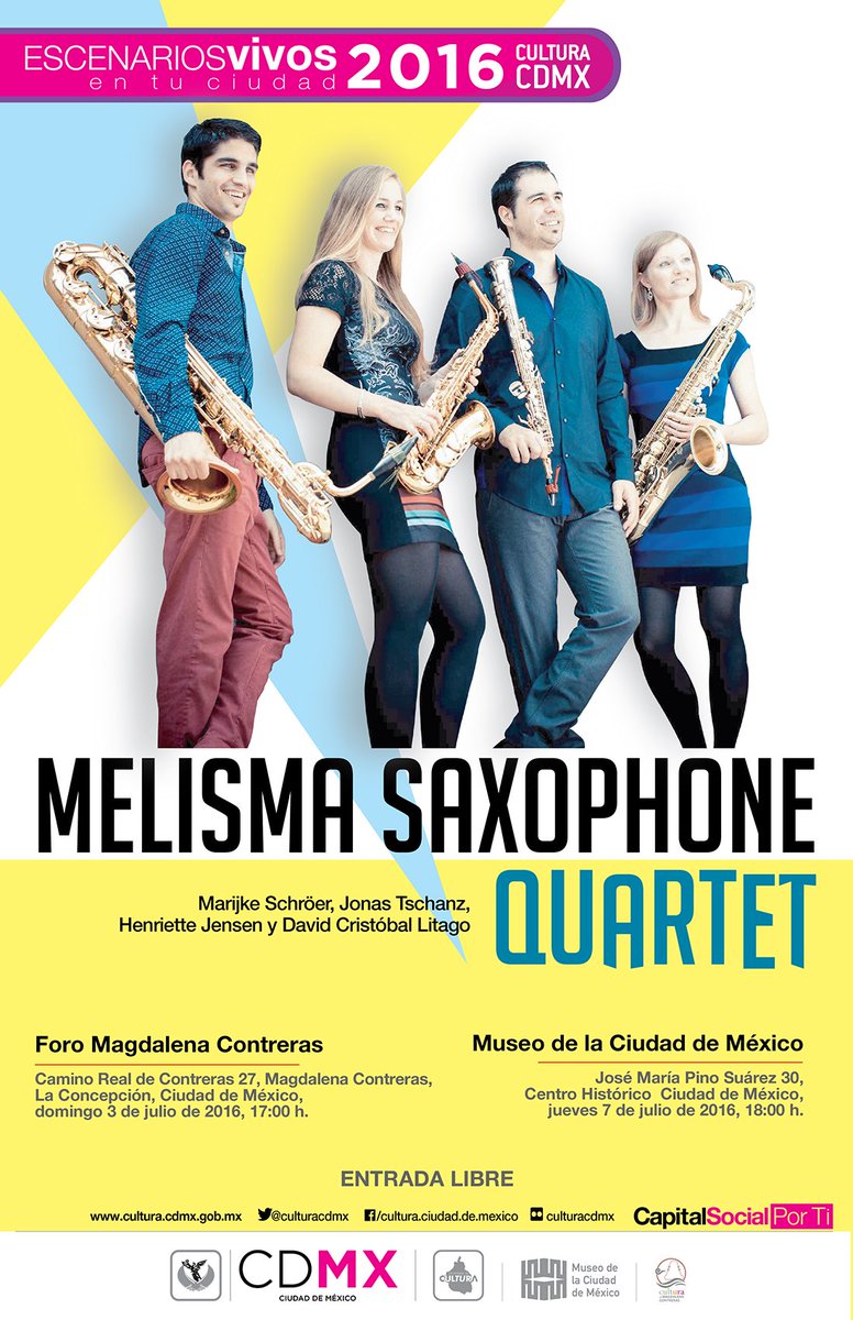 MuseoCiudadMX's tweet photo. Te invitamos a asistir al concierto de Melisma Saxophone Quartet en #MCM el próx jue/7/jul a las 18h. #EntradaLibre https://t.co/vHbmtgZzuP