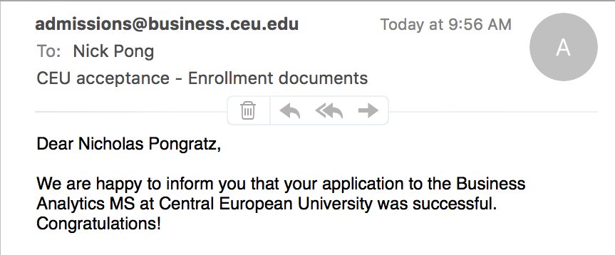 pongnick's tweet photo. got the word this morning #businessanalytics #hereicome #gradschool #classof2017 @ceuhungary @CEUBUSINESS #bigmoves https://t.co/gVC4ZZojep