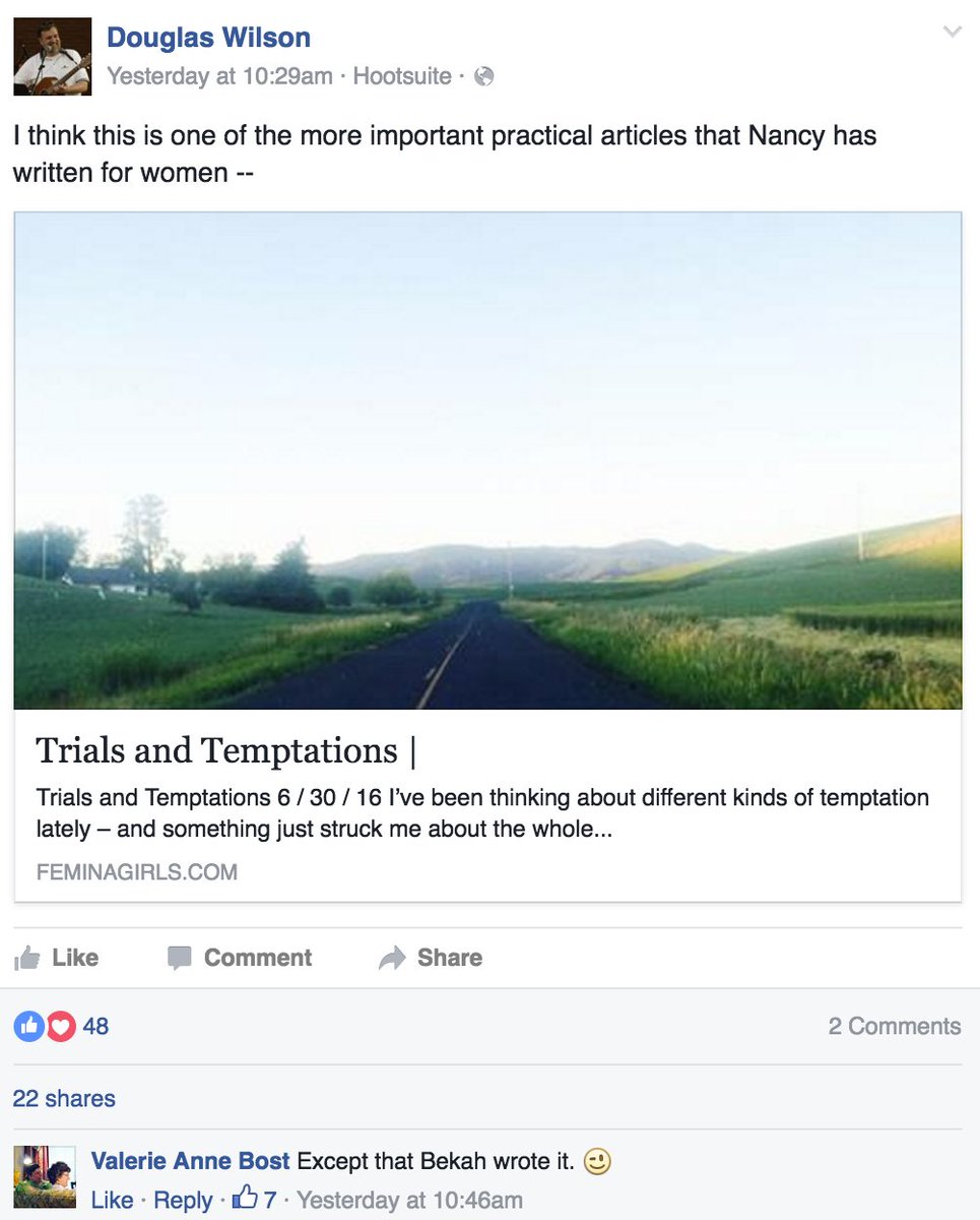 BiblicalRules's tweet photo. Doug: read my wife's writing, where my daughter is listed as author. Wilsons can't keep track of who wrote stuff. https://t.co/fyjaENe34A