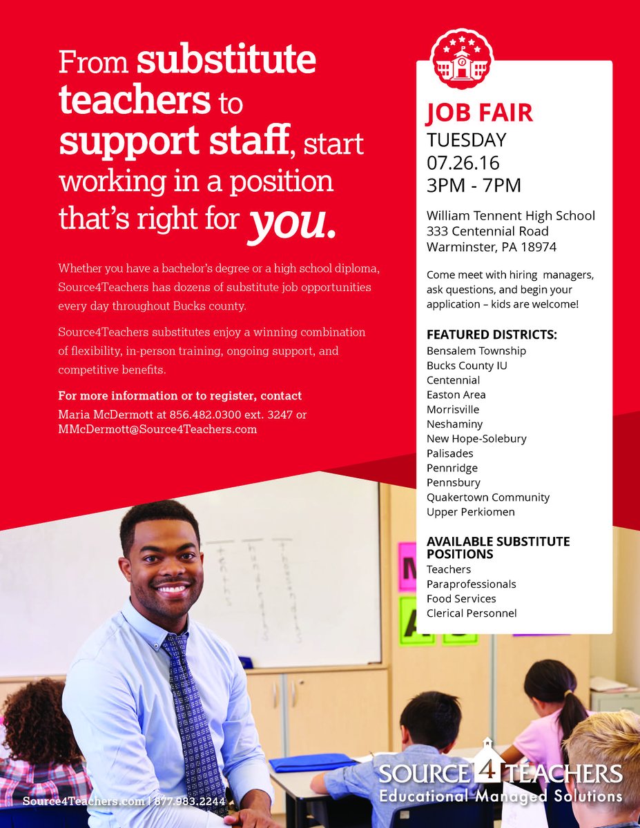 CentennialHR's tweet photo. Source4Teachers hiring event for Sub Teachers &amp; Paras at William Tennent HS on Tues 7/26 3-7pm @Centennial_SD https://t.co/V46m64hwaV
