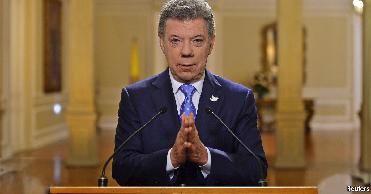 TheEconomist's tweet photo. Colombia's president has convinced the FARC to make peace. Can he persuade voters? https://t.co/4reppdcvU7 https://t.co/dP5M03cGtC