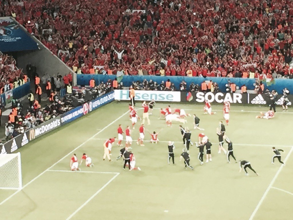 henrywinter's tweet photo. Welsh celebrations in full swing. Brilliant performance to reach semis. #WAL https://t.co/OVSI6bQDZP