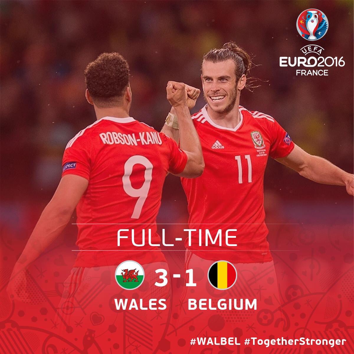 FAWales's tweet photo. THE MOST FAMOUS NIGHT IN WELSH FOOTBALL HISTORY #WAL  3-1 #BEL 
WE ARE INTO THE SEMI-FINALS!!!! #TOGETHERSTRONGER https://t.co/LIHCyXtAce