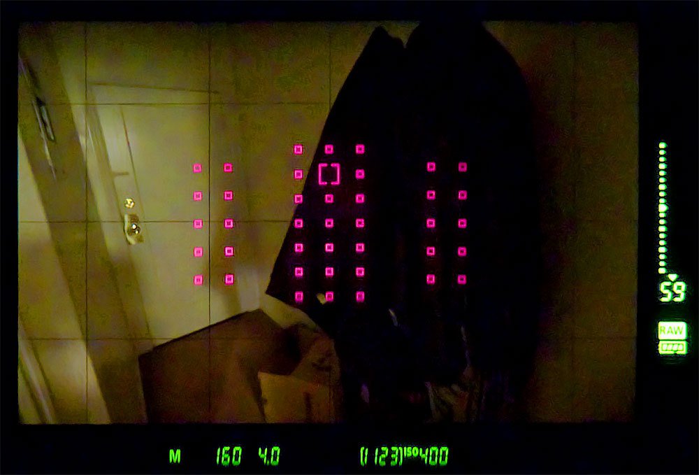 ProTogTech's tweet photo. Canon EOS 1D-X mark II viewfinder photo shows red illuminated AF points. https://t.co/UpUrEOQvaE https://t.co/QR5vaFZ3gt