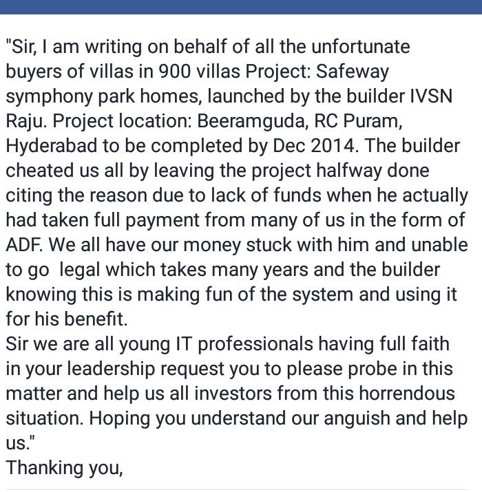 raghavendrade17's tweet photo. @KTRTRS Dear Sir, Request your kind attention on the issue mentioned in the attached pic. Regards, DRR https://t.co/d5uB7dRvGi