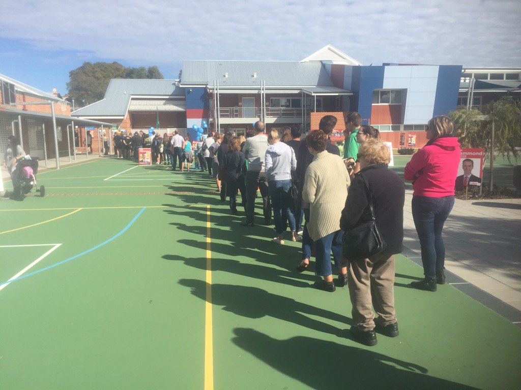 NicPerpitch's tweet photo. Patient voters in the seat of Perth at the Mt Lawley primary school. #auspol @abcnewsPerth https://t.co/Mcv5jQnl1S