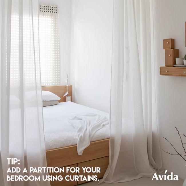 avidalandph's tweet photo. Use curtains to create private space, which helps you feel more relaxed. Do you have space-saving tips to share? https://t.co/4lfItONKDX