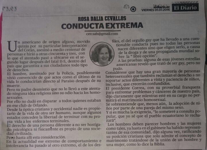 IgualdadYa1's tweet photo. Srs @eldiarioec esto es homofobia. Se les insta a rectificar o pedirle a editorialista q lo haga. Mejoren periodismo https://t.co/NjZSGATRIu
