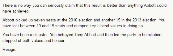 michaelkoziol's tweet image. Champagne stuff: Andrew Bolt tells @TurnbullMalcolm to resign, says Abbott could have done better #ausvotes