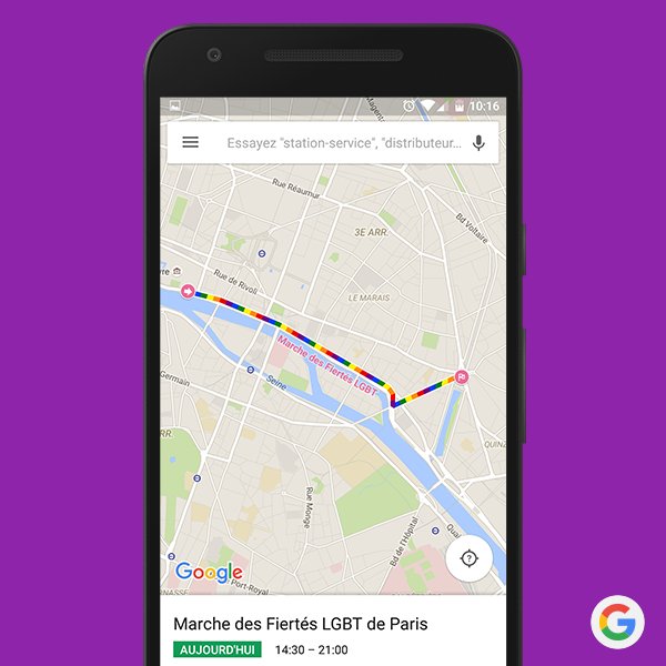 GoogleFR's tweet photo. La #MarcheDesFiertés c'est aujourd'hui, le parcours est sur @GoogleMaps. 💜 https://t.co/zDxtvQrdB4