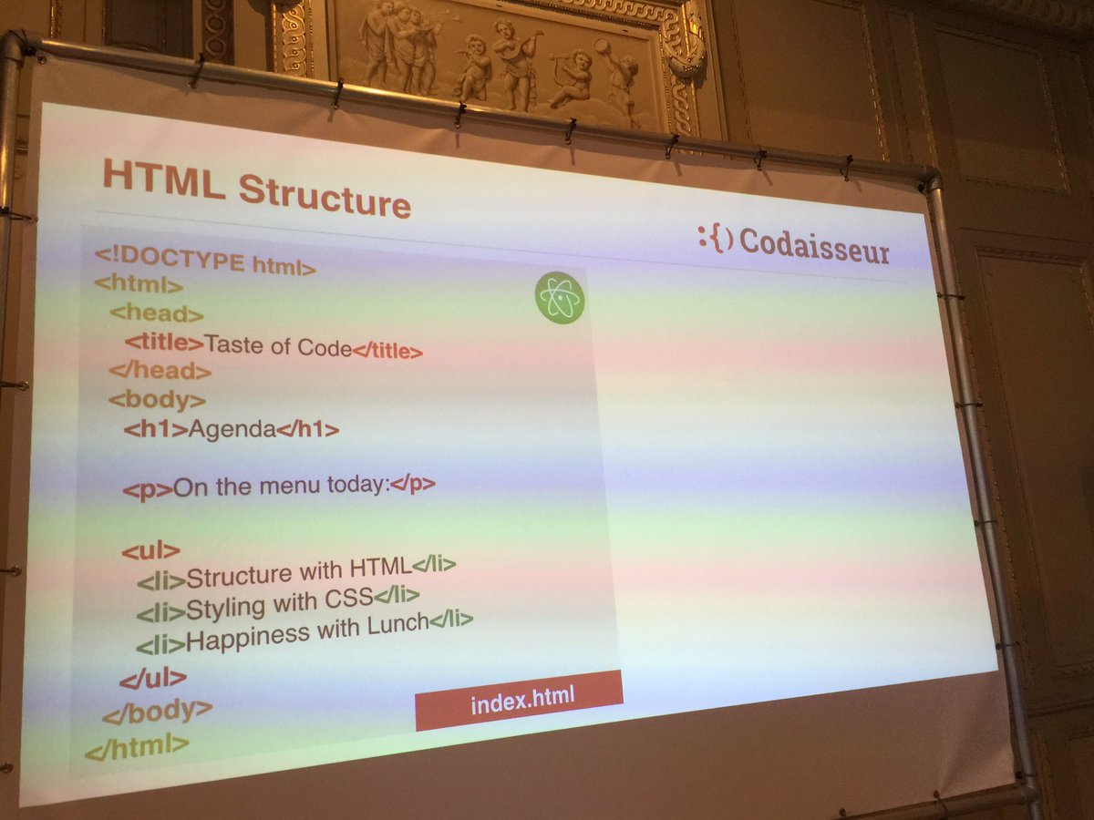 codaisseur's tweet image. &quot;My first #HTML doc...&quot; #TasteOfCode #teachingCode with @French_for_door
