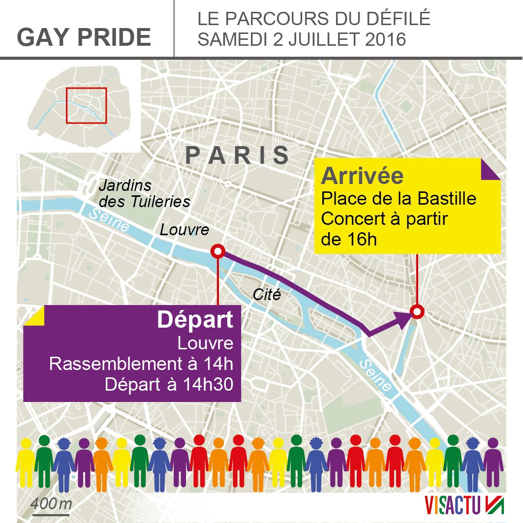 visactu's tweet photo. Le parcours de la #MarcheDesFiertes 2016 à Paris ce samedi, du Louvre jusqu'à Bastille. #GayPride https://t.co/tS50gWlxFG