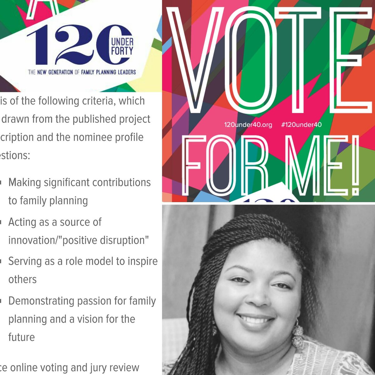 drtlaleng's tweet photo. I need your votes✊

Winners will be recognized on World Contraception Day 2016
#120under40

https://t.co/ybs7G3Q3zD https://t.co/uFiSUT6RGW
