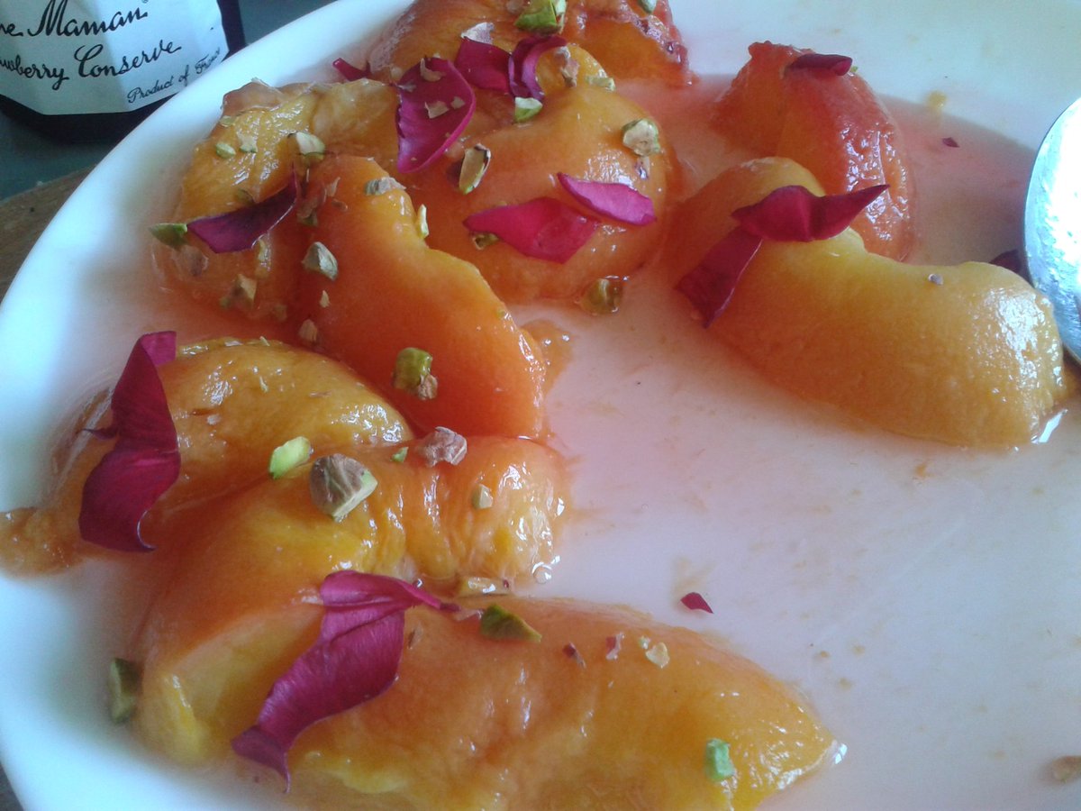 BranstonJo's tweet image. @DianaHenryFood Peaches in rose syrup with pistachios. Delicious! #cooksimple