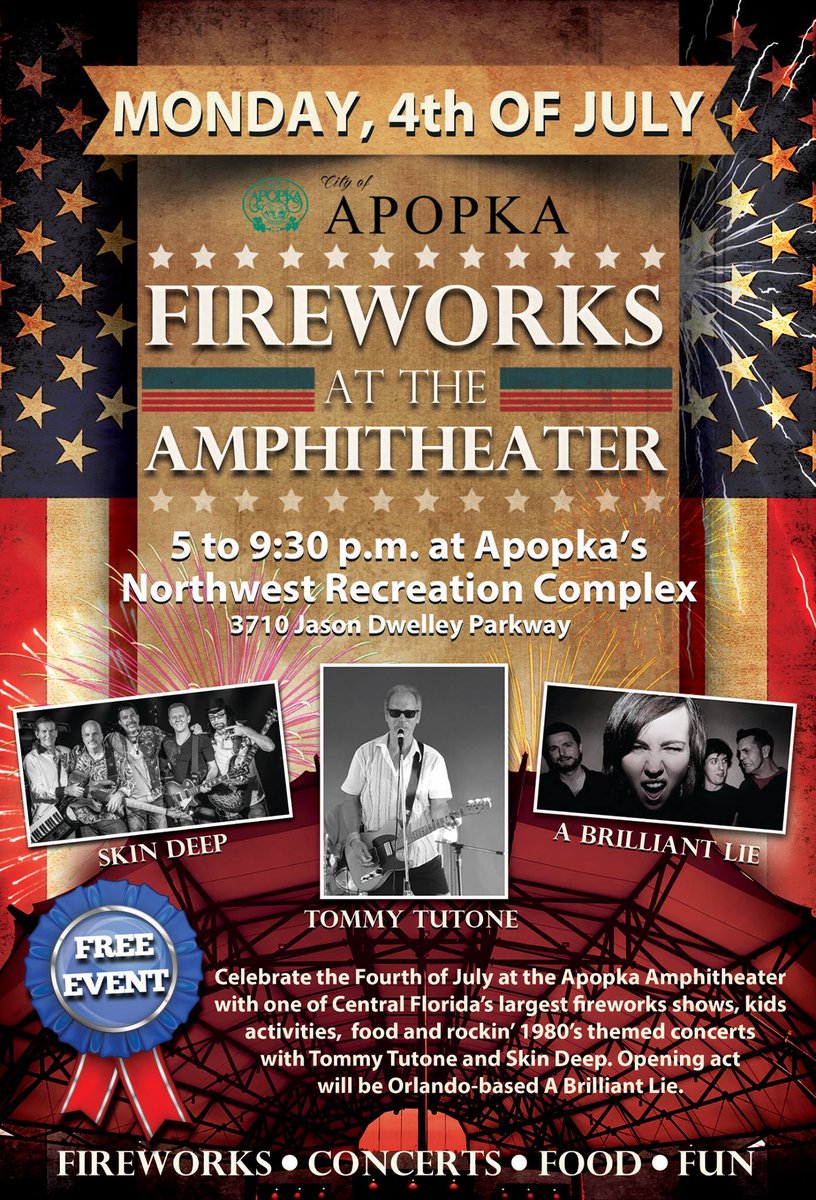 Want Fireworks for the 4th? Join us at the Apopka Amphitheater for live music, family fun, food trucks &amp; fireworks!